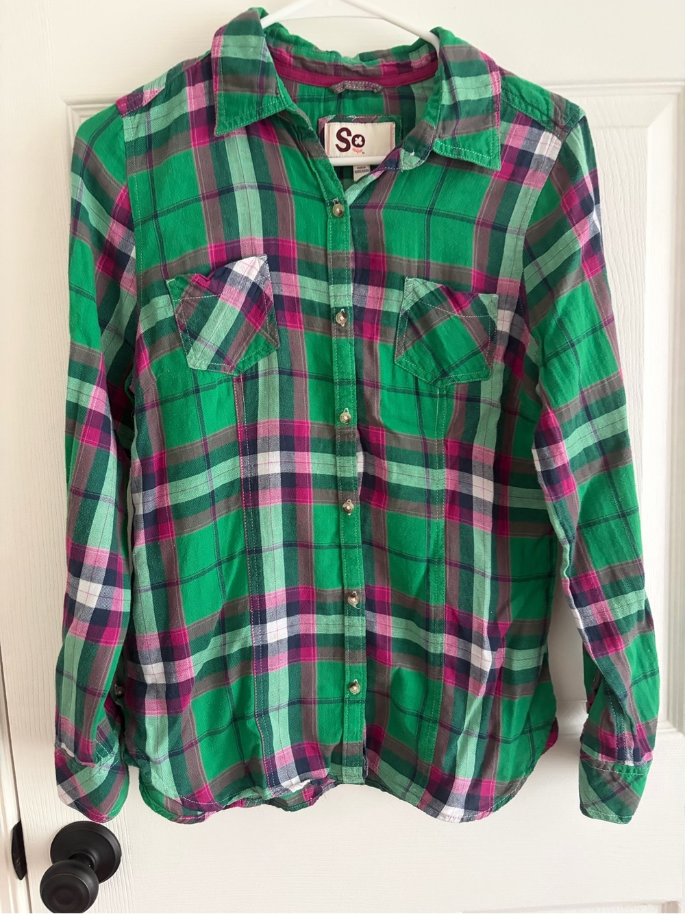 SO Green Plaid Button-Down Shirt with Pink & Navy Accents